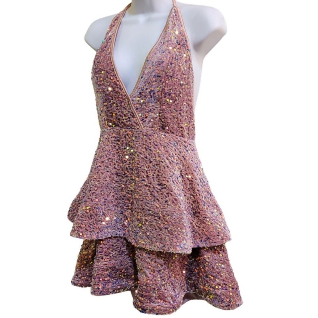 Women's Mauve V Neck Halter Short Dress