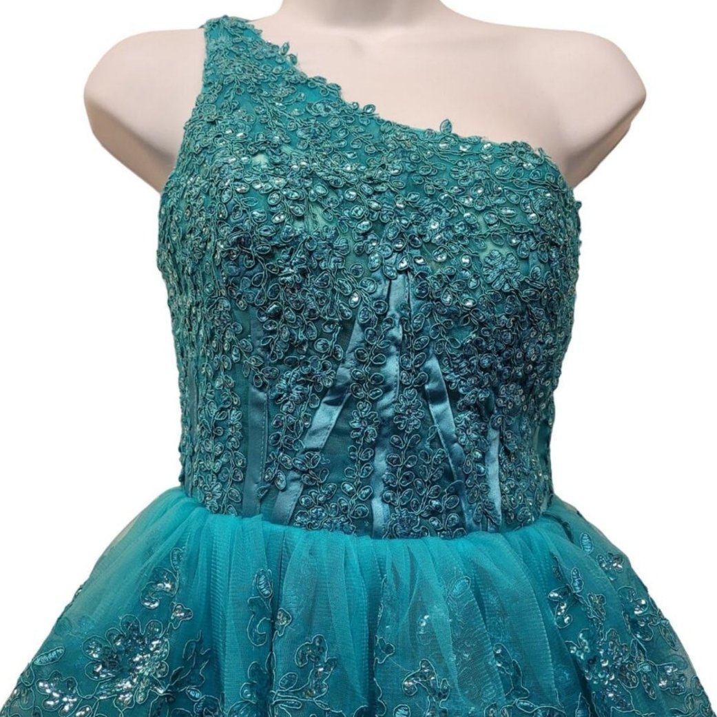 Women's Teal One Shoulder Asymmetrical Tiered Short Dress