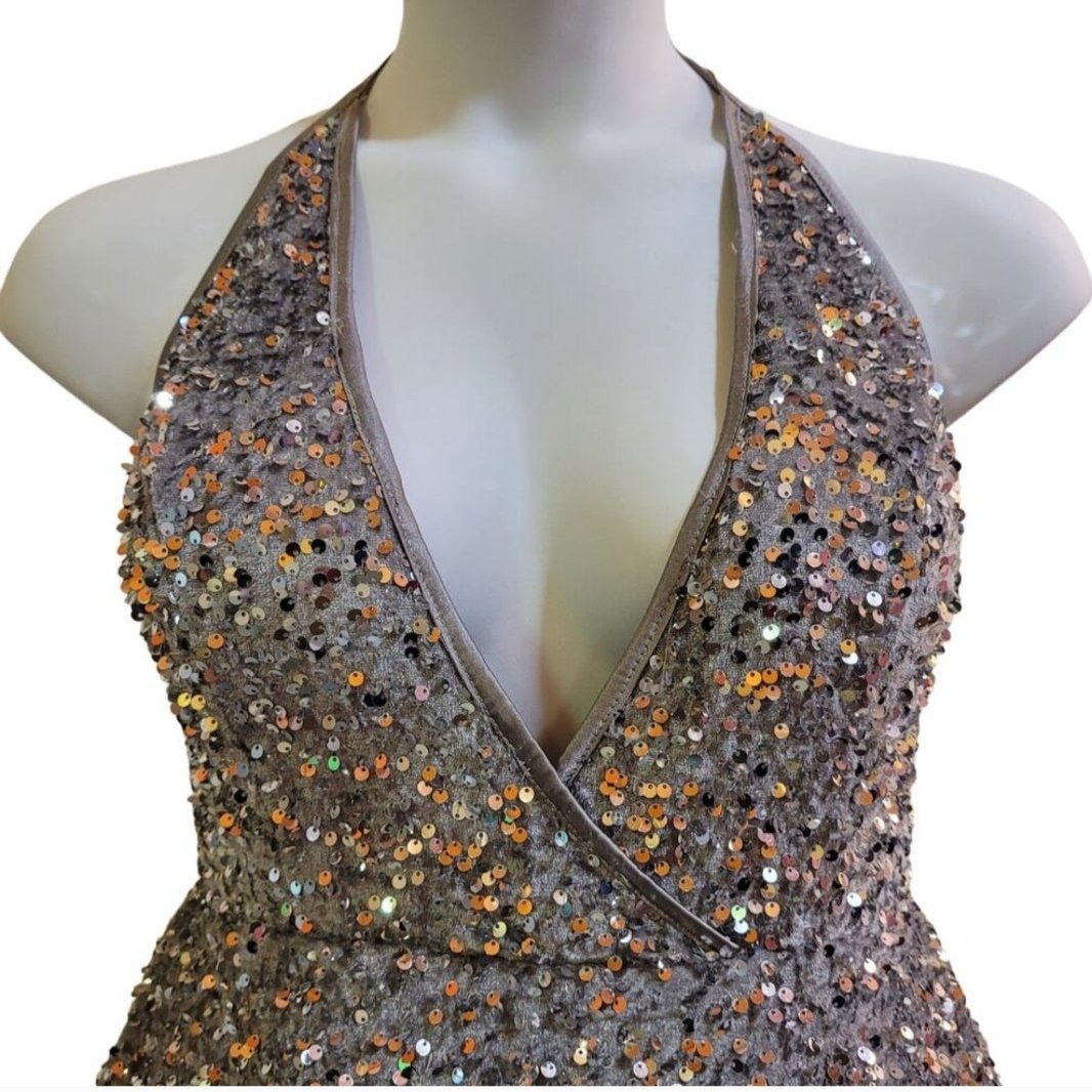 Women's Silver V Neck Halter Short Sequin Dress