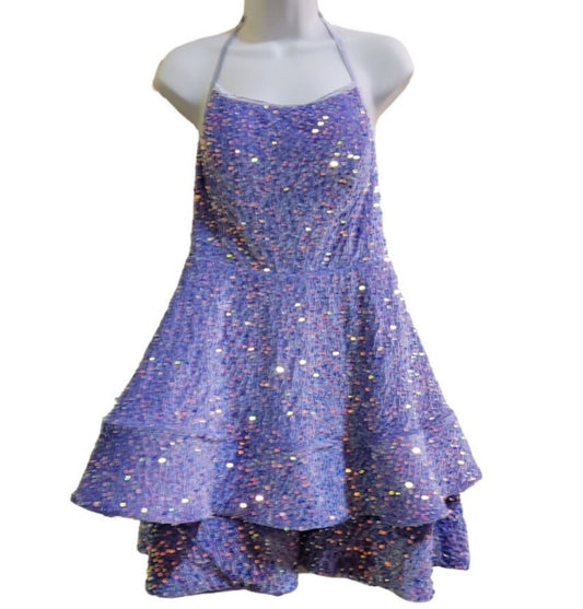 Women's Lilac Scoop Neck Halter Short Sequin Dress