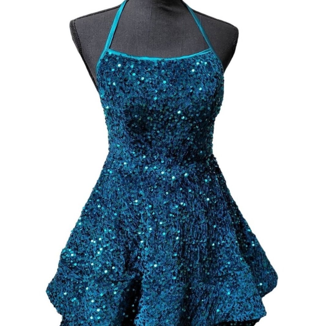 Women's Teal Scoop Neck Halter Short Sequin Dress
