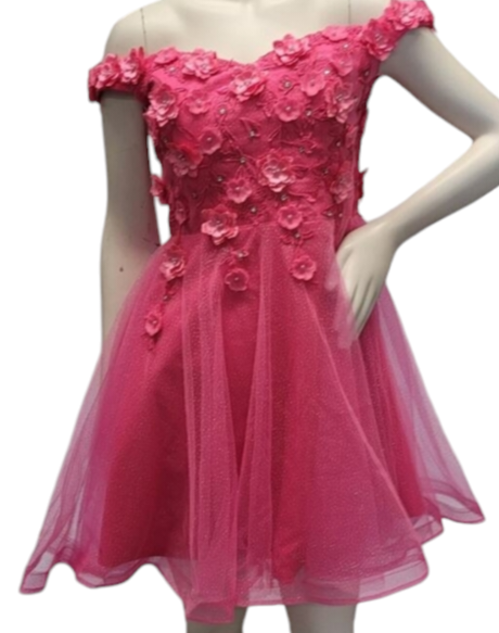 Women's Hot Pink Short Flower Off Shoulder Dress