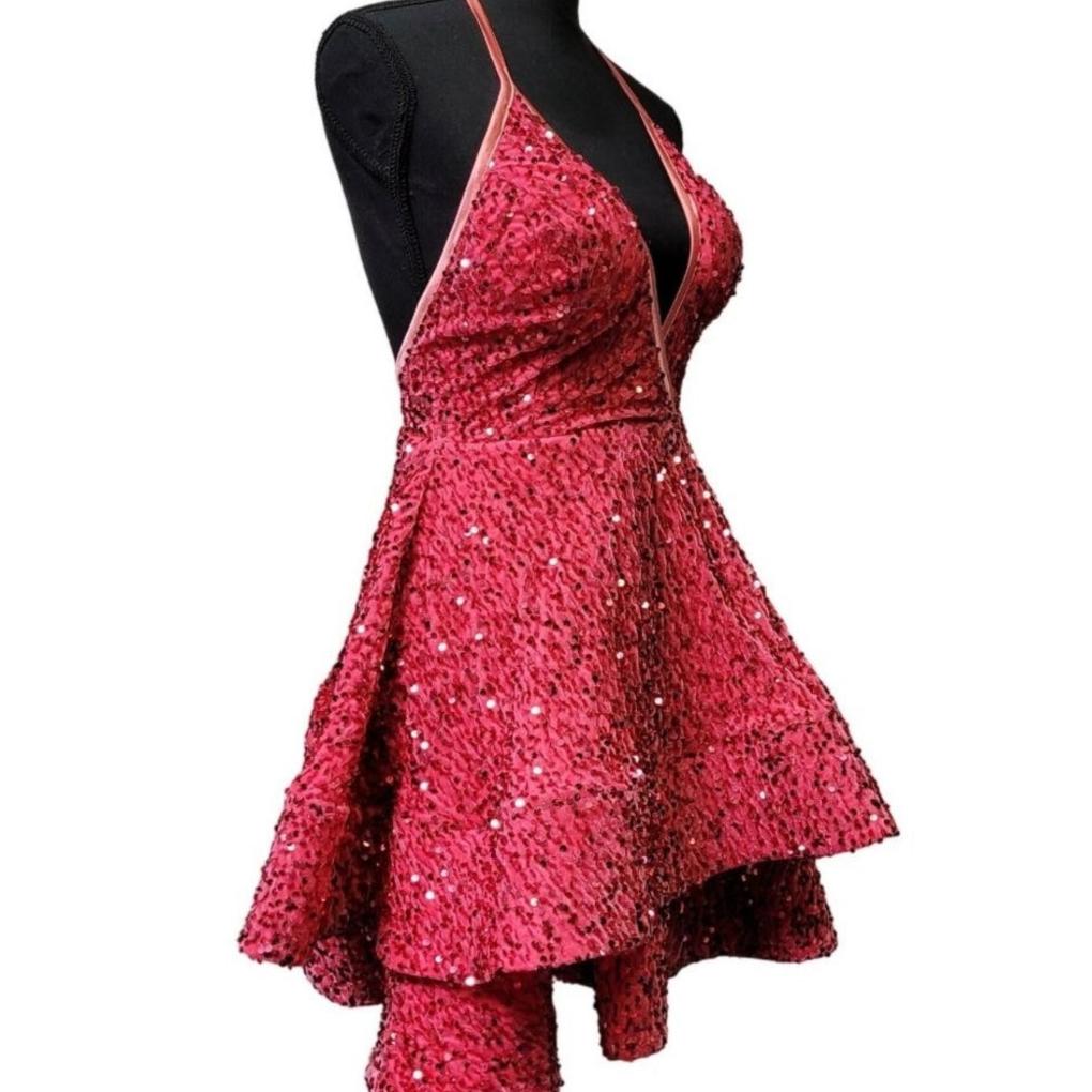 Women's Magenta Pink V Neck Halter Short Dress