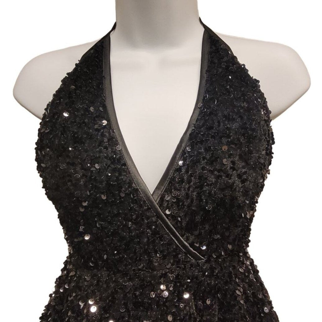 Women's Black Sequin V Neck Halter Short Dress