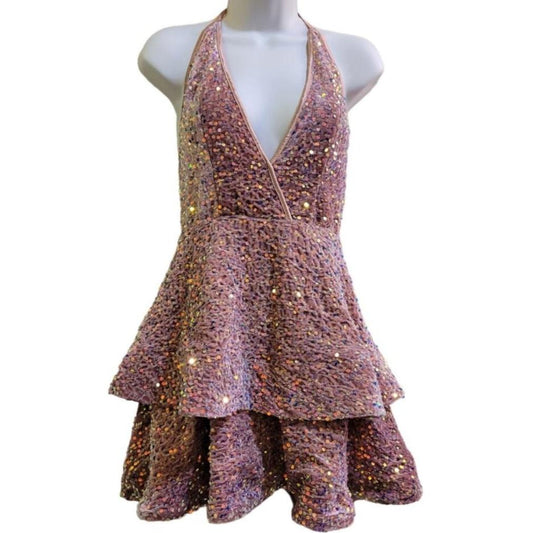 Women's Mauve V Neck Halter Short Dress