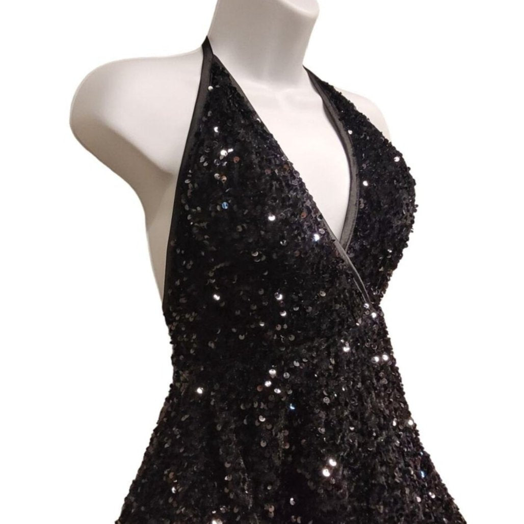 Women's Black Sequin V Neck Halter Short Dress