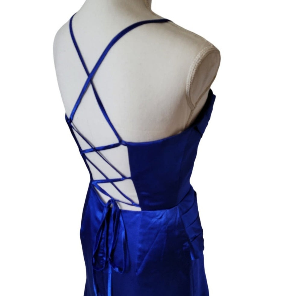 Sapphire Blue Strappy Halo Dress Sweetheart Neckline with Corset Back