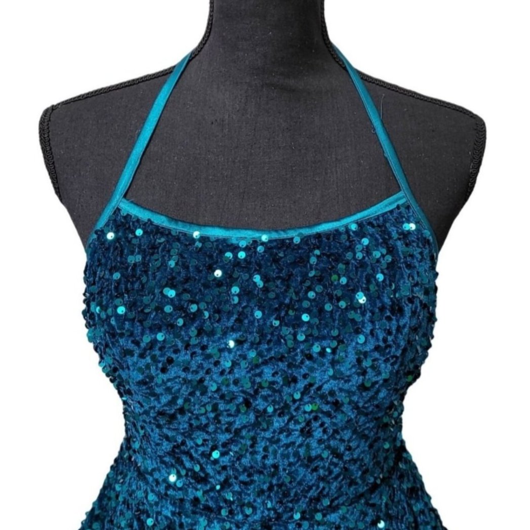 Women's Teal Scoop Neck Halter Short Sequin Dress