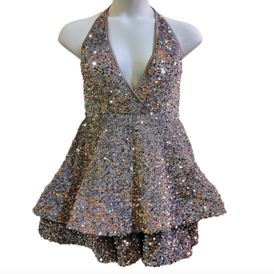 Women's Silver V Neck Halter Short Sequin Dress