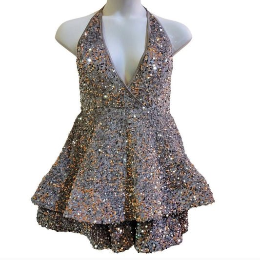 Women's Silver V Neck Halter Short Sequin Dress