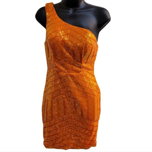 Women's Orange Sequin Pattern One Shoulder Asymmetrical Short Dress