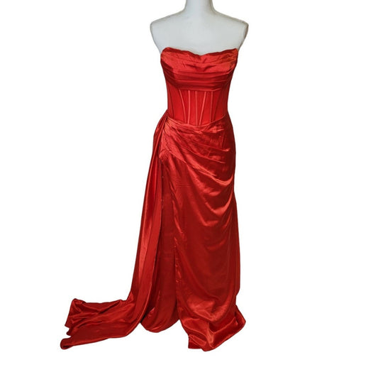 Bright Red Strapless Halo Dress with Structured Bodice and Side Train