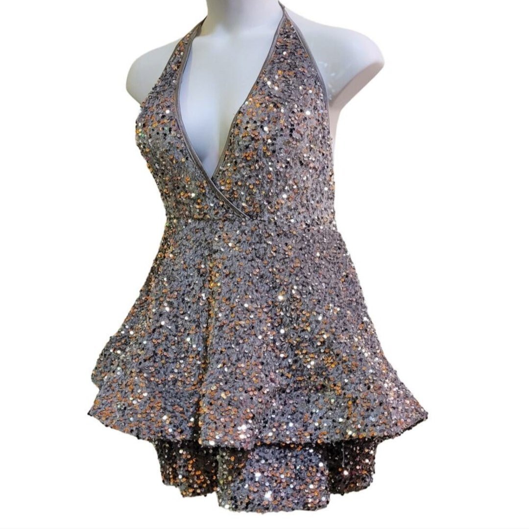 Women's Silver V Neck Halter Short Sequin Dress