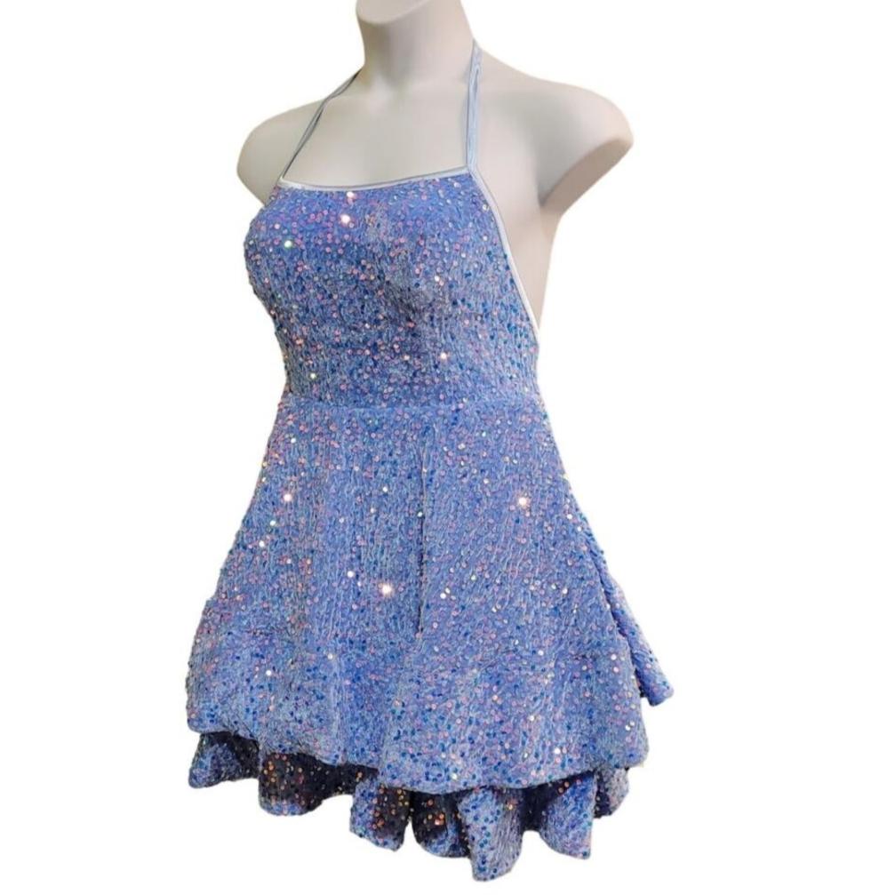 Women's Icy Blue Scoop Neck Halter Short Dress