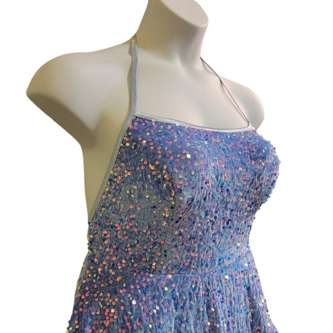 Women's Icy Blue Scoop Neck Halter Short Dress