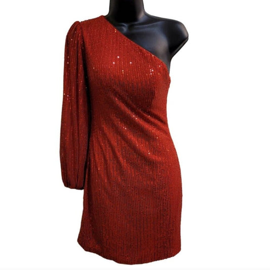 Women's Bright Red Sequin One Long Sleeve Short Dress