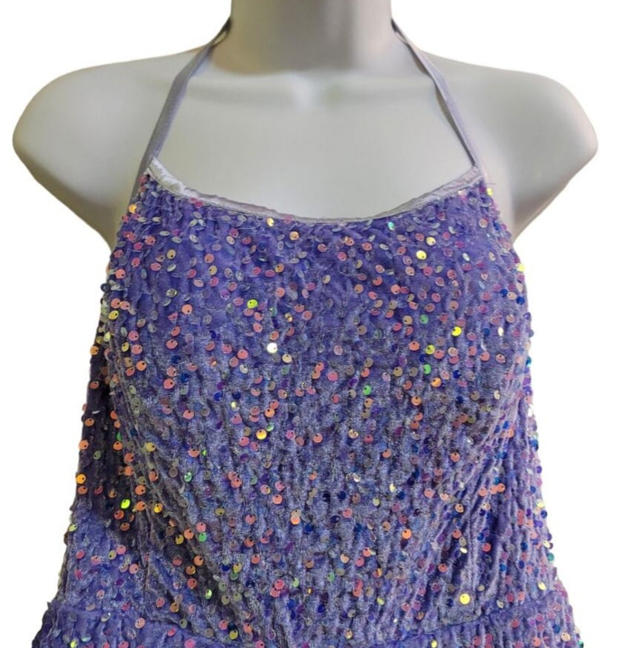Women's Lilac Scoop Neck Halter Short Sequin Dress