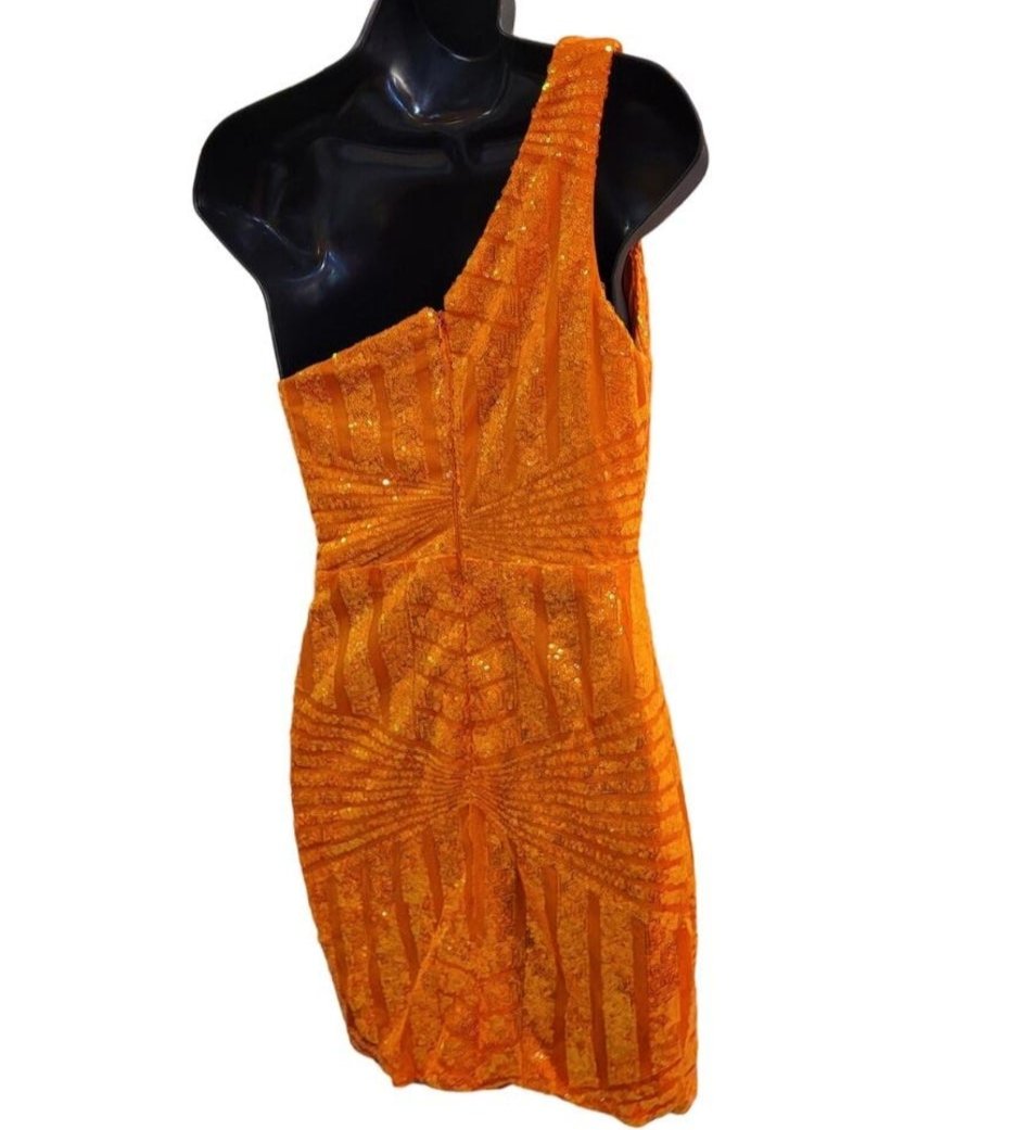 Women's Orange Sequin Pattern One Shoulder Asymmetrical Short Dress