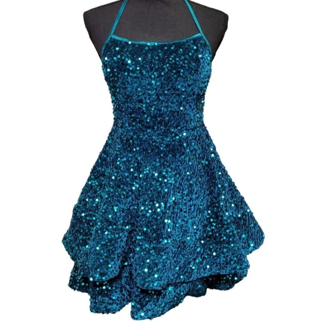 Women's Teal Scoop Neck Halter Short Sequin Dress