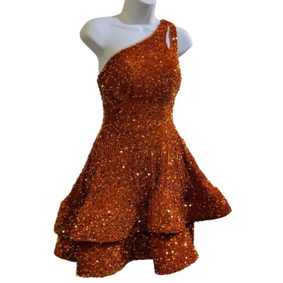Women's Orange One Shoulder with Cutout Asymmetrical Short Dress