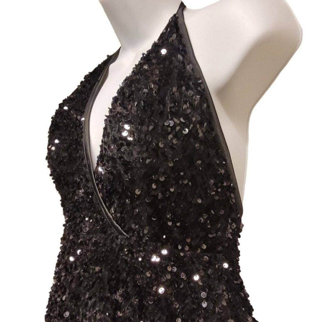 Women's Black Sequin V Neck Halter Short Dress