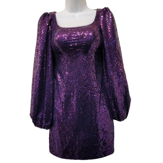 Women's Purple Short Sequin Dress with Long Sleeves