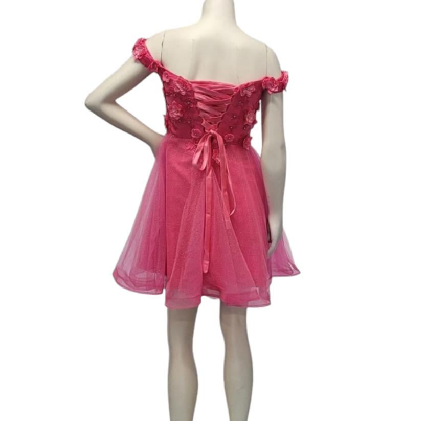 Women's Hot Pink Short Flower Off Shoulder Dress