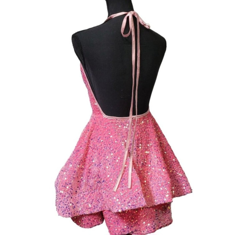 Women's Bubblegum Pink V Neck Halter Short Dress