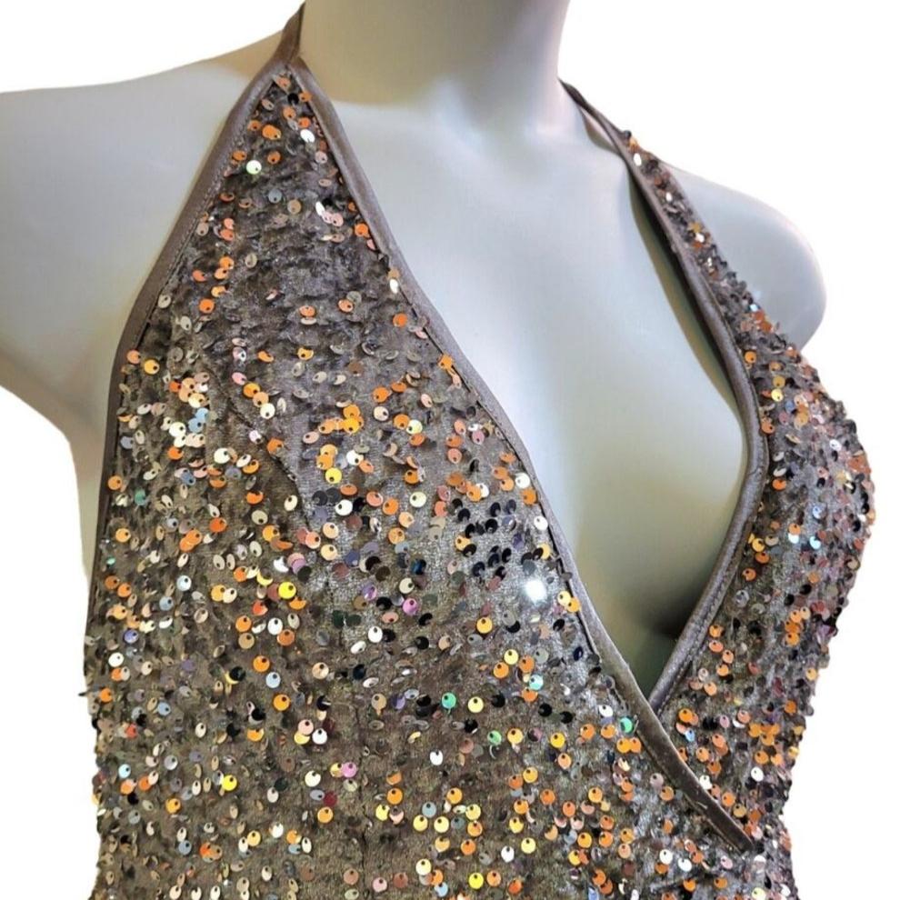 Women's Silver V Neck Halter Short Sequin Dress