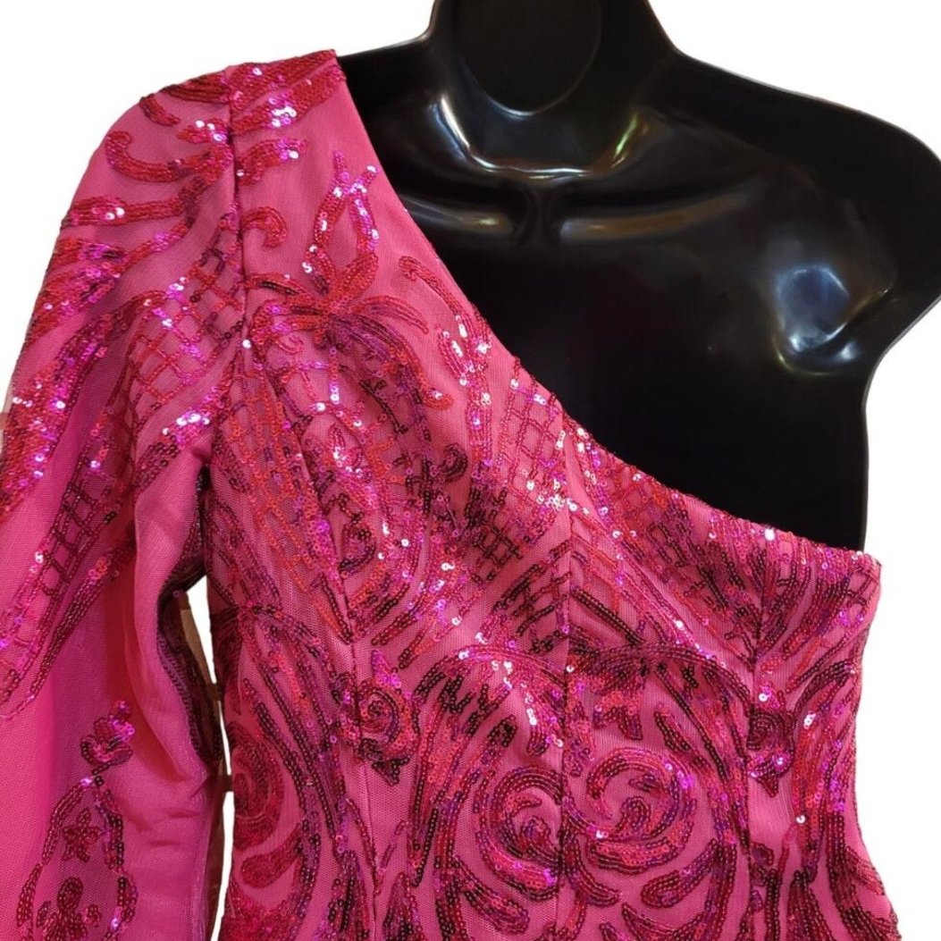 Women's Hot Pink Sequin Pattern One Long Sleeve Asymmetrical Short Dress