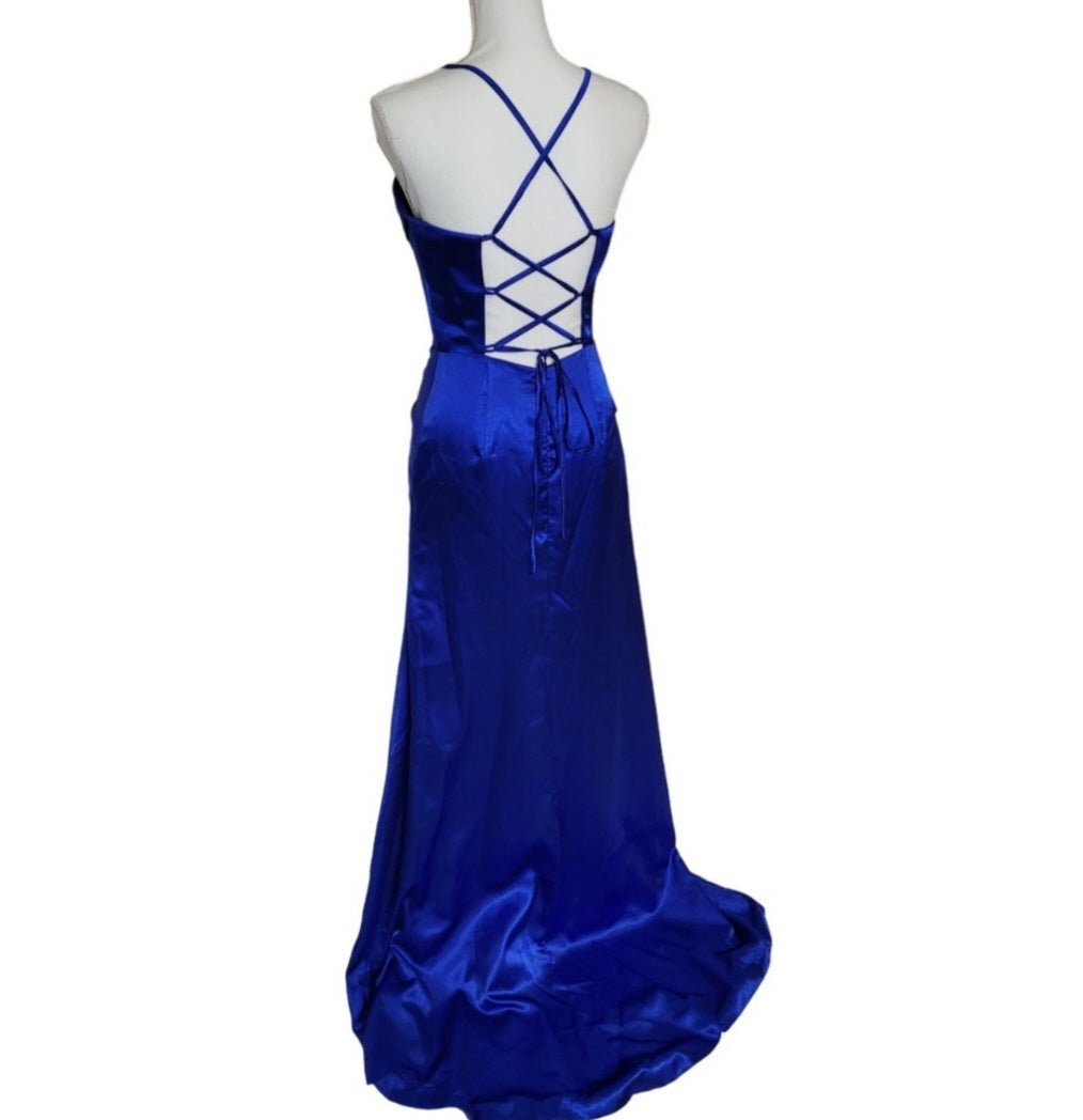 Sapphire Blue Strappy Halo Dress Sweetheart Neckline with Corset Back