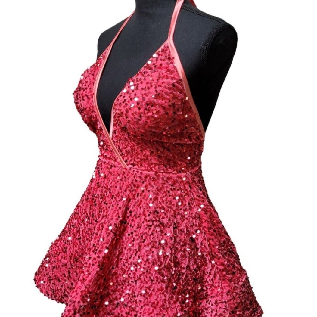 Women's Magenta Pink V Neck Halter Short Dress