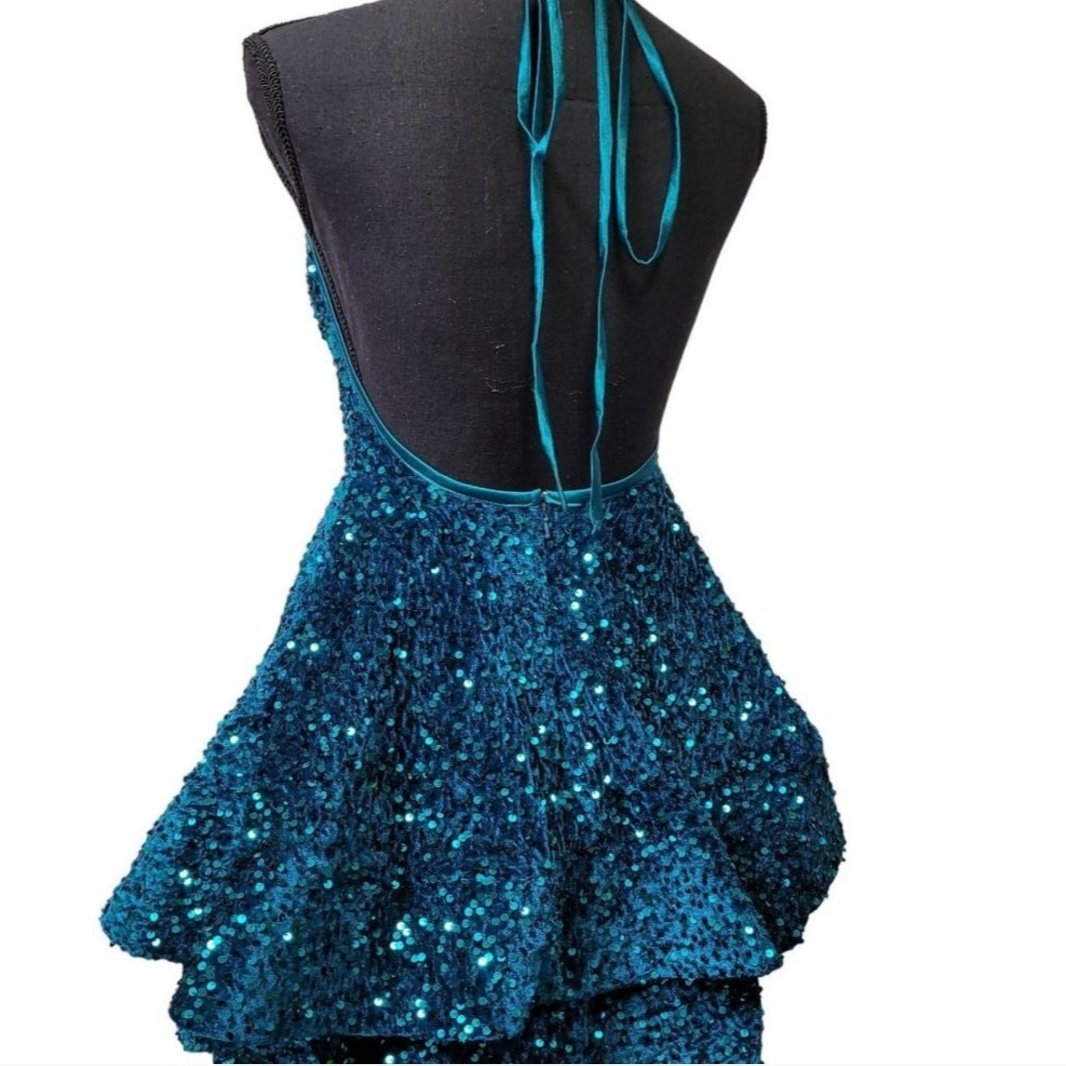 Women's Teal Scoop Neck Halter Short Sequin Dress