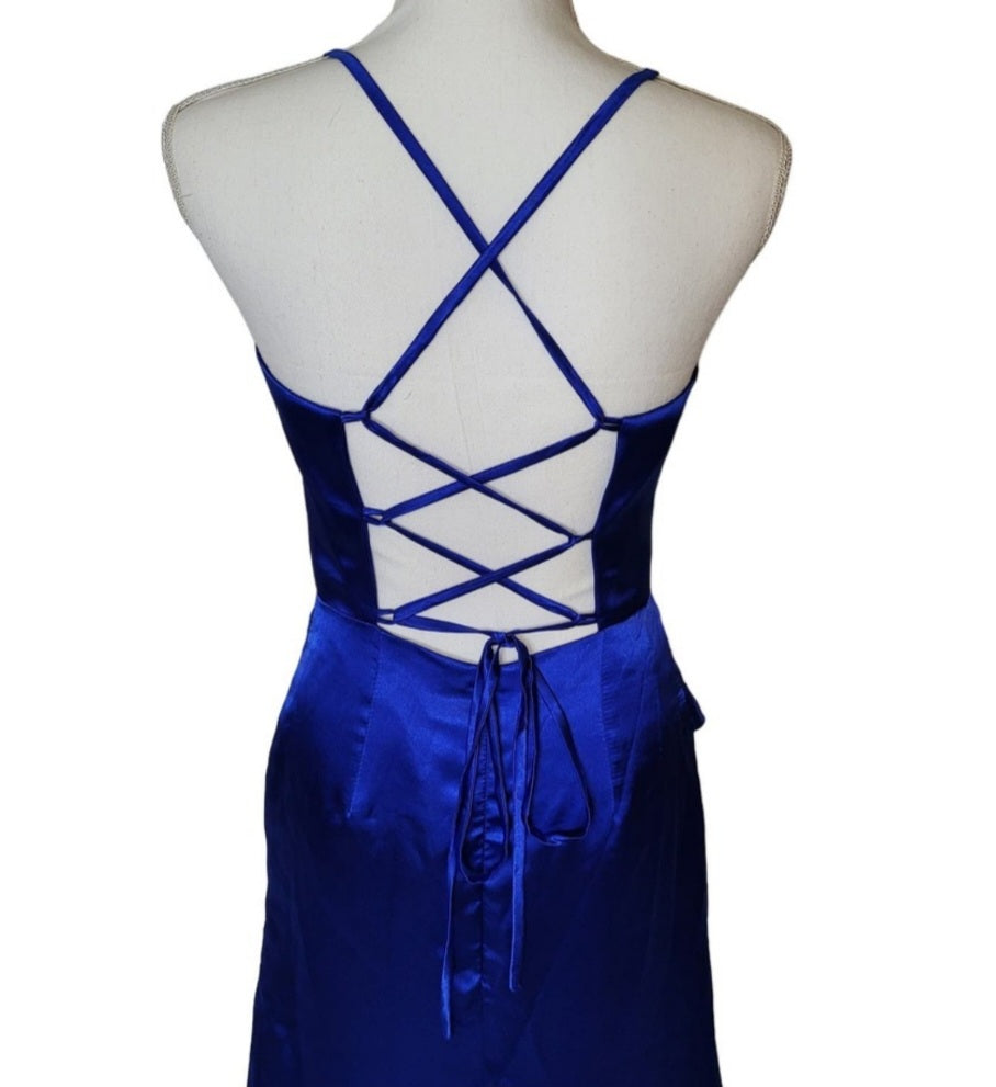 Sapphire Blue Strappy Halo Dress Sweetheart Neckline with Corset Back