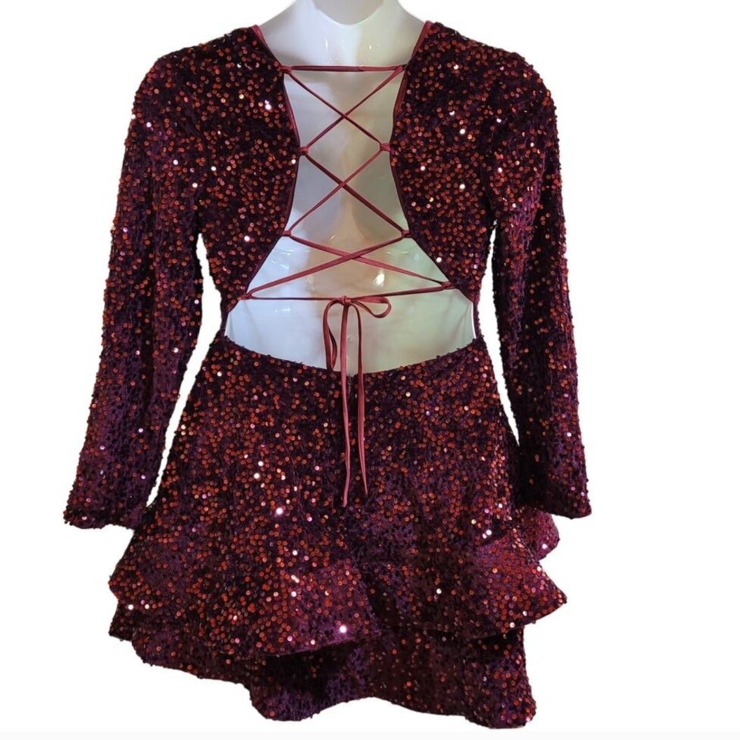 Women's Burgundy Long Sleeved Corset Back Short Sequin Dress