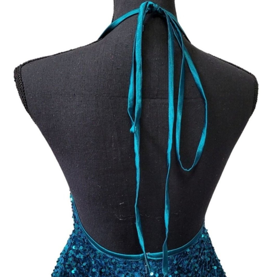 Women's Teal Scoop Neck Halter Short Sequin Dress