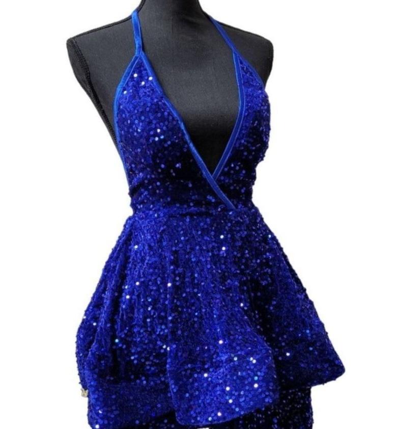 Women's Sapphire Blue V Neck Halter Short Dress
