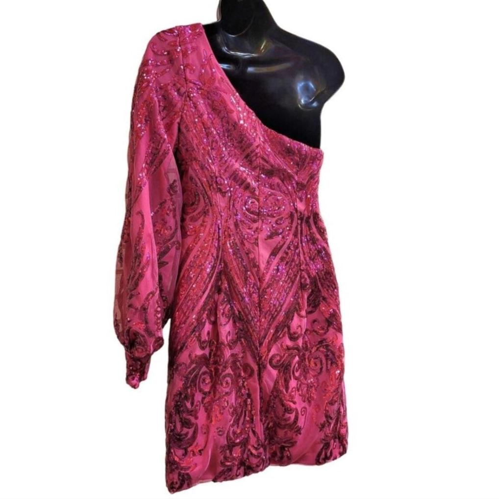 Women's Hot Pink Sequin Pattern One Long Sleeve Asymmetrical Short Dress