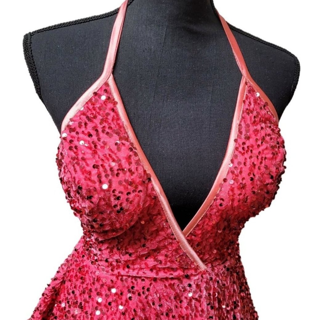 Women's Magenta Pink V Neck Halter Short Dress