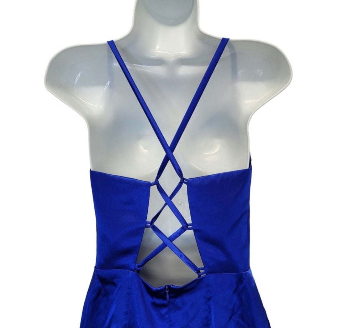 Sapphire Blue Strappy Halo Dress Scoop Neckline with Corset Back