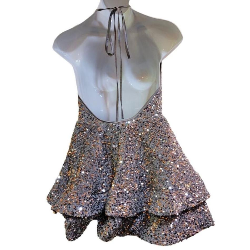 Women's Silver V Neck Halter Short Sequin Dress