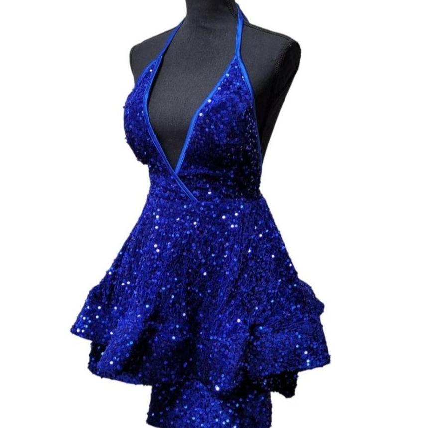 Women's Sapphire Blue V Neck Halter Short Dress