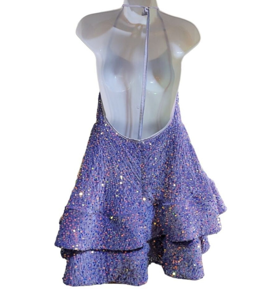 Women's Lilac Scoop Neck Halter Short Sequin Dress