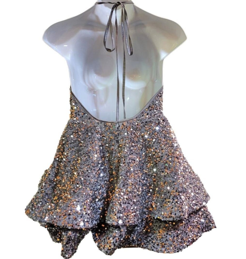 Women's Silver V Neck Halter Short Sequin Dress