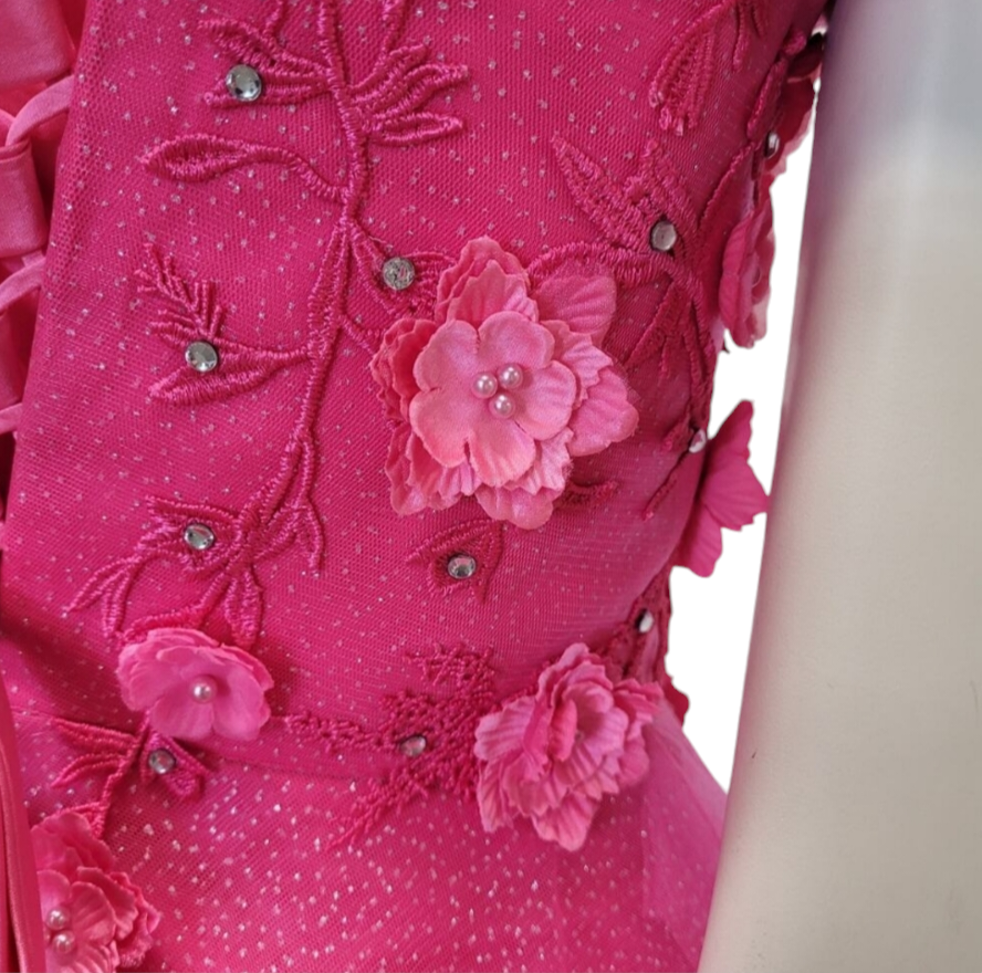 Women's Hot Pink Short Flower Off Shoulder Dress