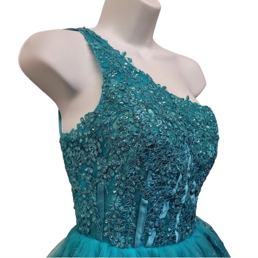 Women's Teal One Shoulder Asymmetrical Tiered Short Dress