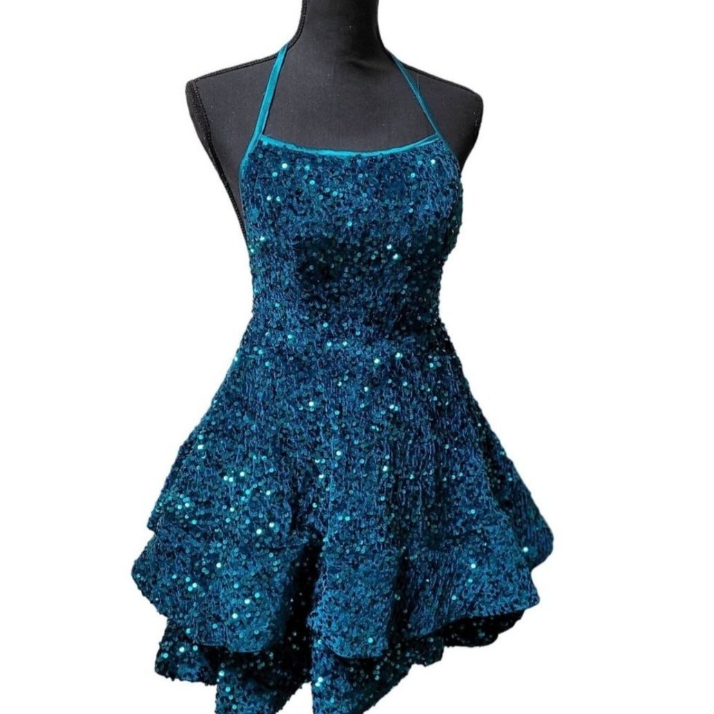 Women's Teal Scoop Neck Halter Short Sequin Dress