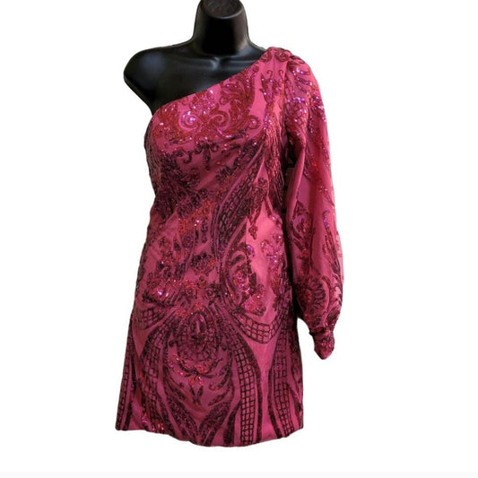 Women's Hot Pink Sequin Pattern One Long Sleeve Asymmetrical Short Dress
