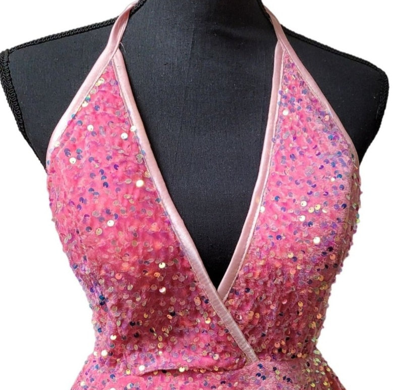 Women's Bubblegum Pink V Neck Halter Short Dress