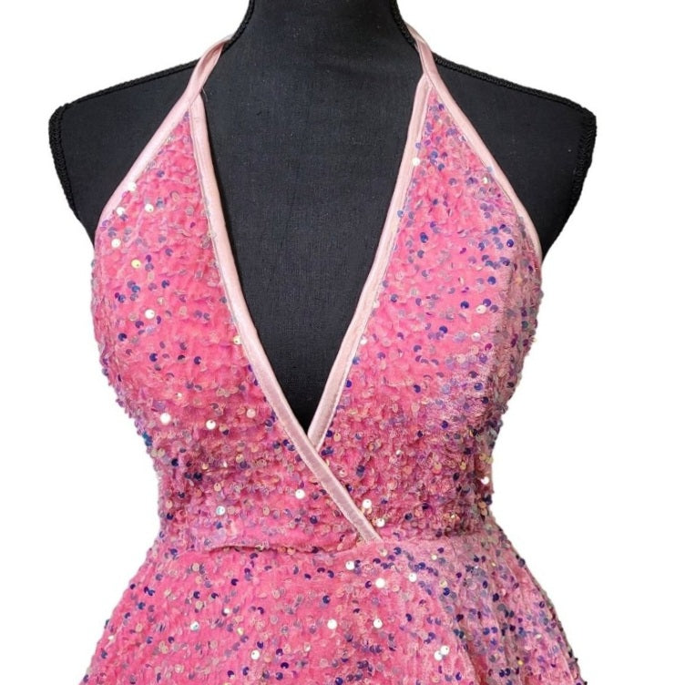 Women's Bubblegum Pink V Neck Halter Short Dress